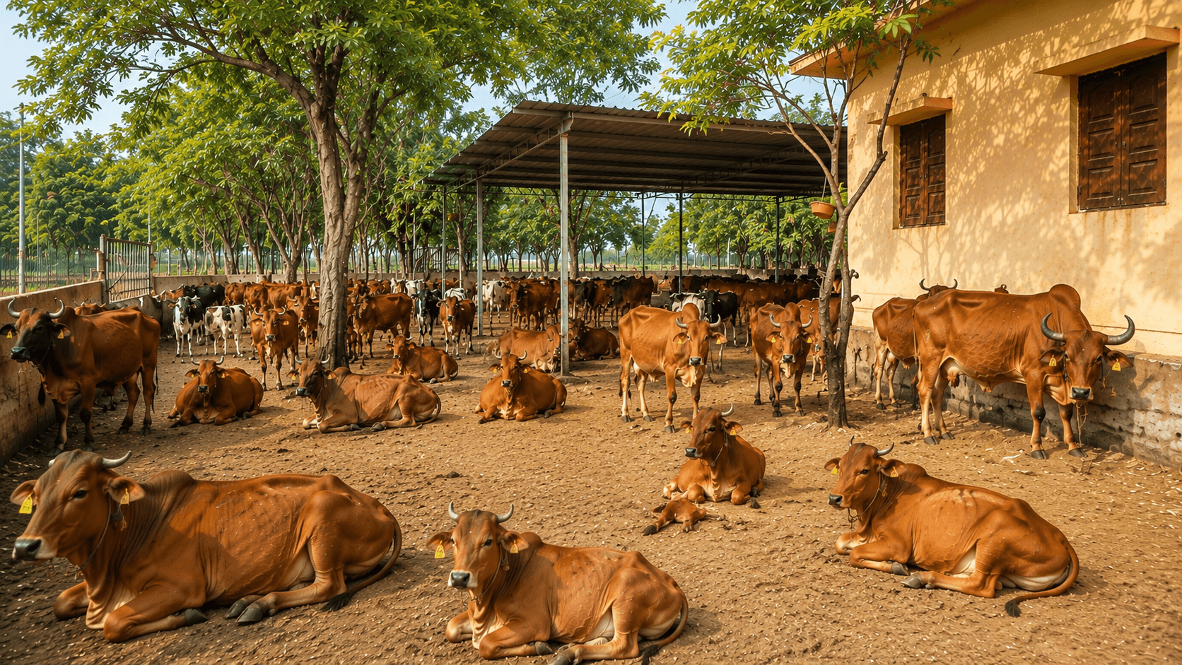 A rescued cow standing in the golden evening light at the gaushala